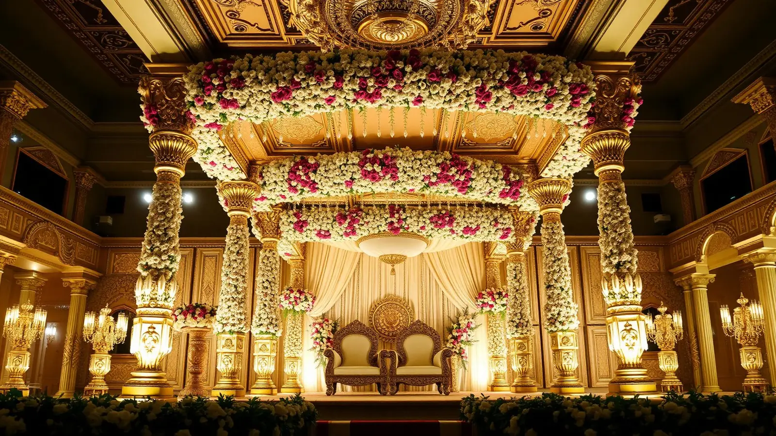 A flower filled wedding stage beneath an ornate golden ceiling